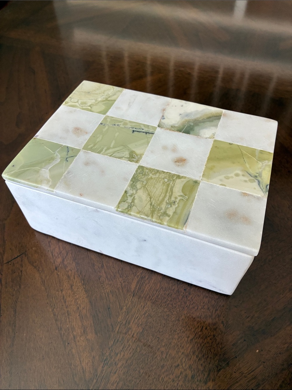 White Marble with Green Onyx Inlay Decorative Large Trinket Box